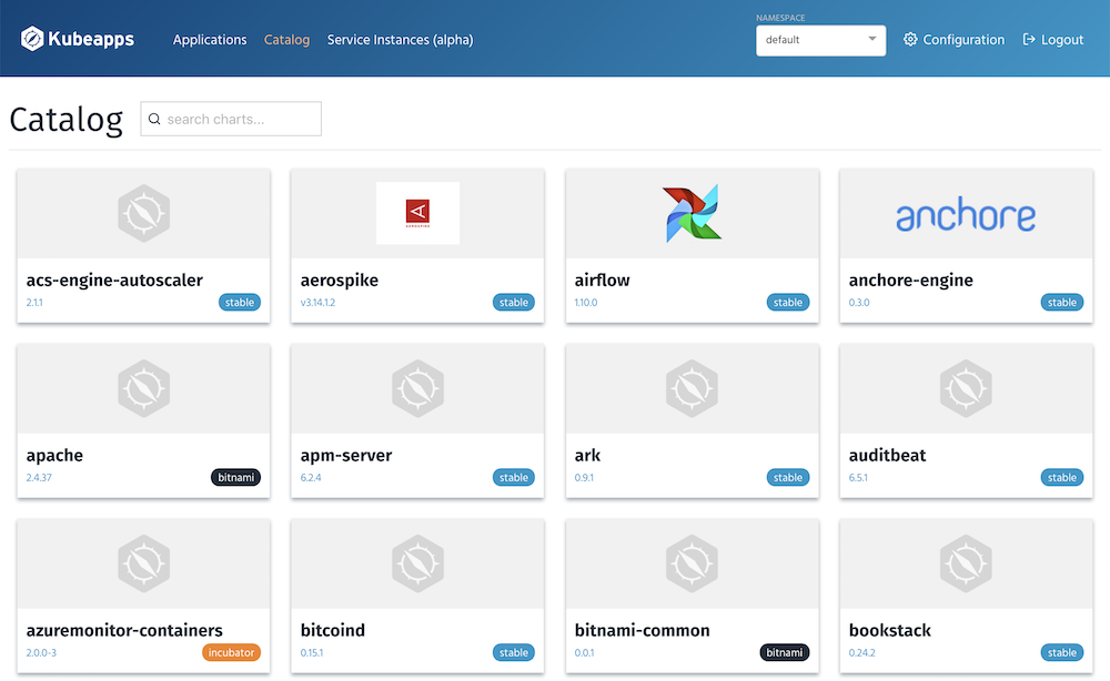 Kubeapps Catalog Page